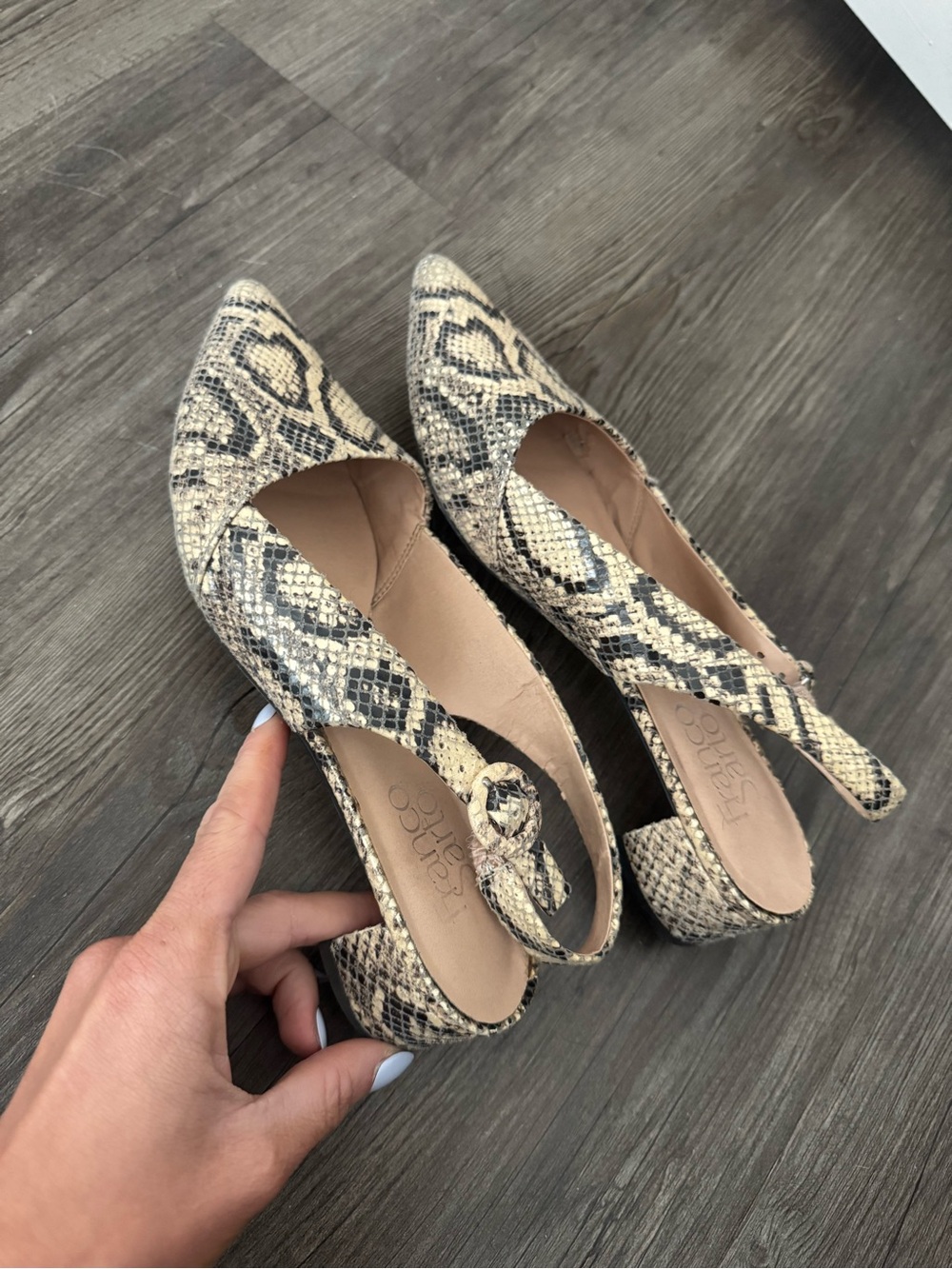 Franco Sarto Beige Snake-Print Pointed Slingback Flats - Picture 3 of 4
